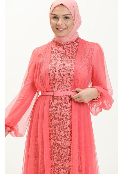 Payet Kemerli Abiye Elbise 5383-15 Mercan