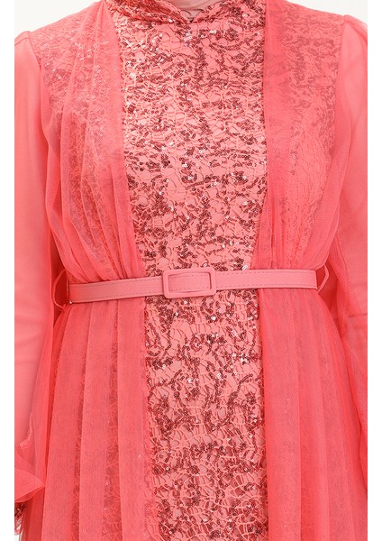 Payet Kemerli Abiye Elbise 5383-15 Mercan