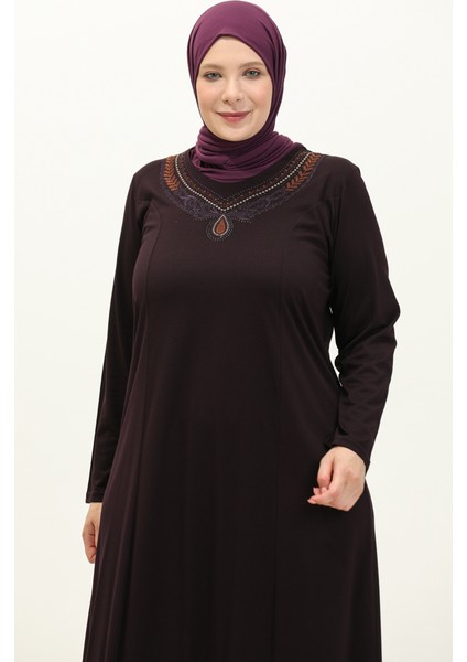 Büyük Beden Nakışlı Elbise 4950-03 Mürdüm