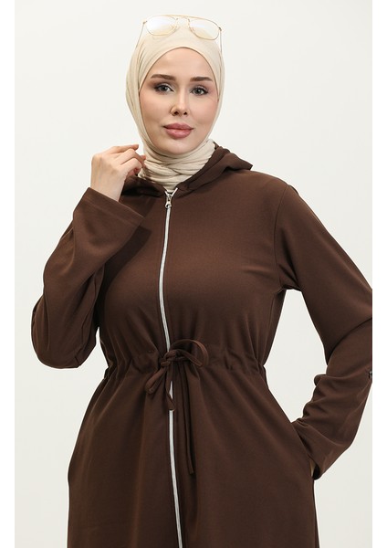 Azra Kapüşonlu Beli Büzgülü Kap 0328-02 Kahverengi