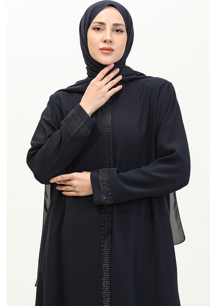 Büyük Beden Taş Baskılı Ferace 5066-02 Lacivert