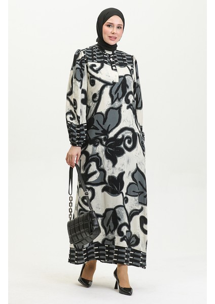 Viskon Renk Garnili Yarım Düğmeli Elbise 0396-04 Antrasit Bej