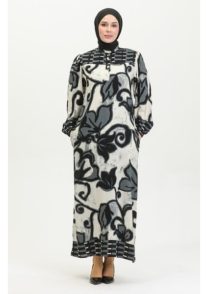 Viskon Renk Garnili Yarım Düğmeli Elbise 0396-04 Antrasit Bej fiyatları