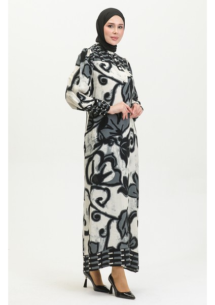 Viskon Renk Garnili Yarım Düğmeli Elbise 0396-04 Antrasit Bej modelleri