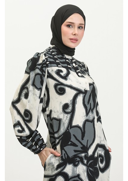 Viskon Renk Garnili Yarım Düğmeli Elbise 0396-04 Antrasit Bej fırsatları