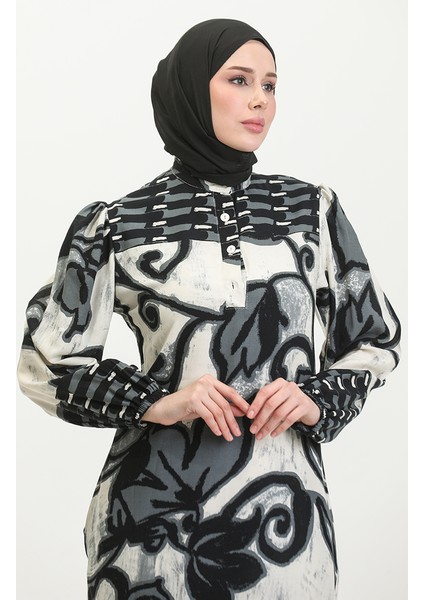 Viskon Renk Garnili Yarım Düğmeli Elbise 0396-04 Antrasit Bej indirimleri