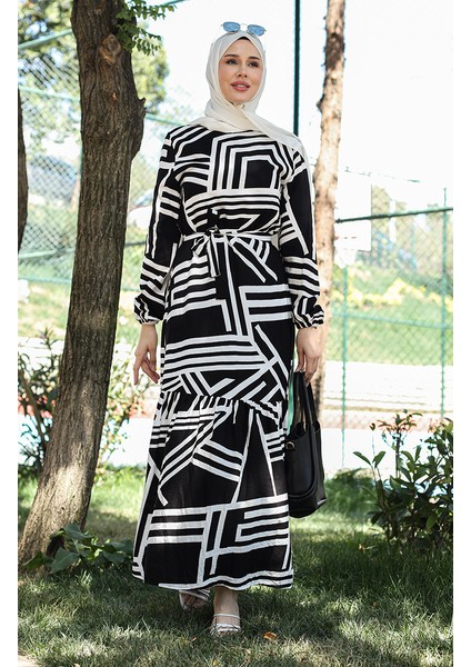 Desenli Kuşaklı Elbise 0459-03 Siyah Beyaz