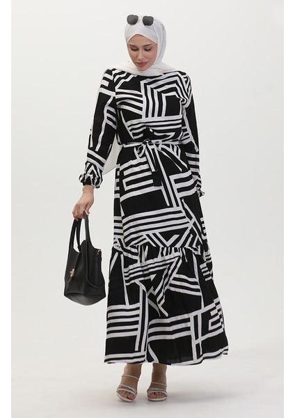 Desenli Kuşaklı Elbise 0459-03 Siyah Beyaz fiyatları