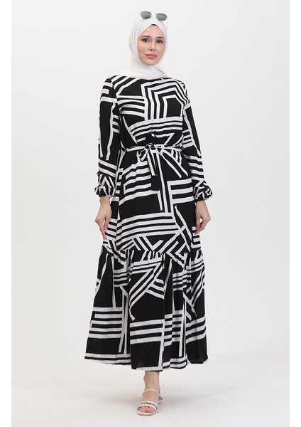 Desenli Kuşaklı Elbise 0459-03 Siyah Beyaz modelleri