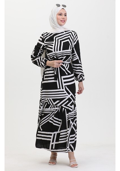 Desenli Kuşaklı Elbise 0459-03 Siyah Beyaz fırsatları