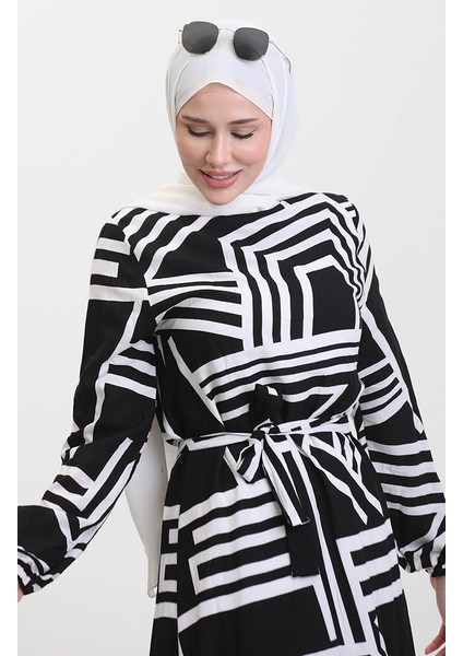 Desenli Kuşaklı Elbise 0459-03 Siyah Beyaz indirimleri