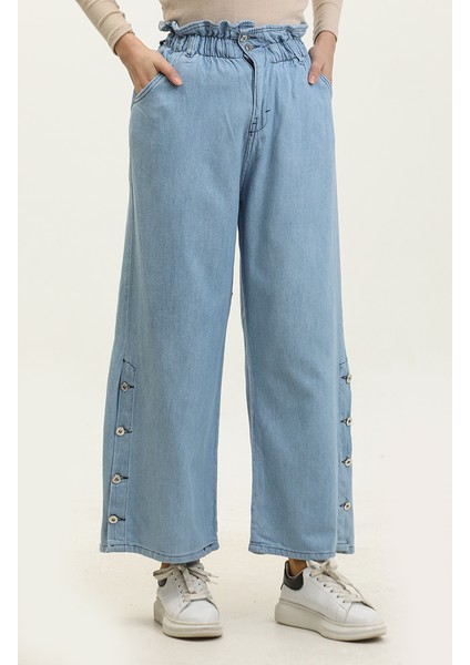 Paçası Düğmeli Bol Paça Kot Pantolon 30051-01 Buz Mavisi