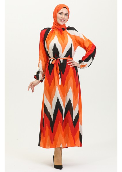 Desenli Viskon Elbise 0438-07 Oranj Siyah