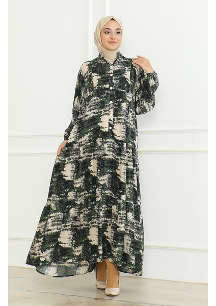 Desenli Viskon Elbise 0466-01 Haki