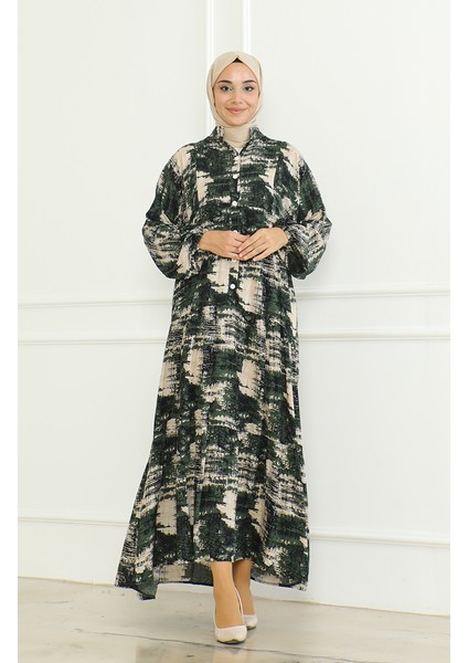 Desenli Viskon Elbise 0466-01 Haki fiyatları