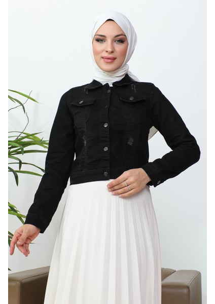 Düğmeli Bolero Kot Ceket 37001-03 Siyah