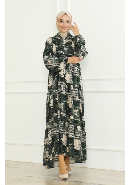 Desenli Viskon Elbise 0466-01 Haki modelleri