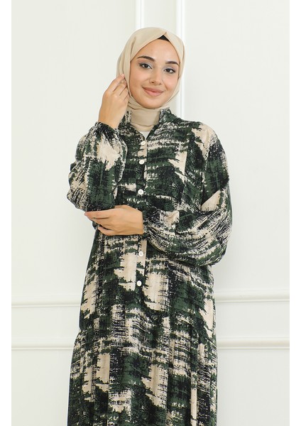 Desenli Viskon Elbise 0466-01 Haki fırsatları