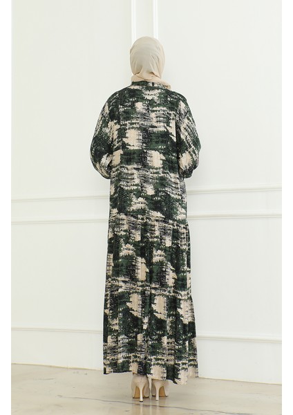 Desenli Viskon Elbise 0466-01 Haki indirimleri