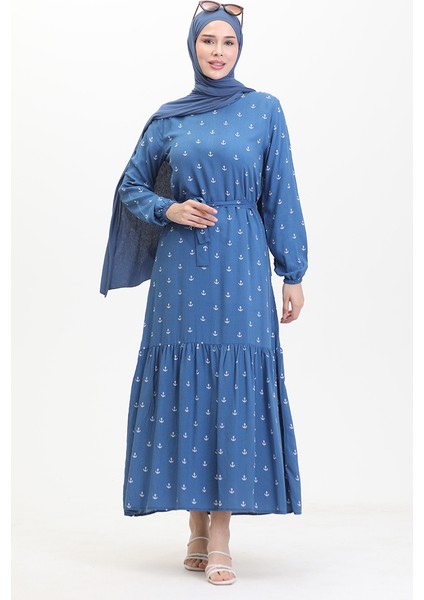 Çapa Desen Kuşaklı Elbise 0461-02 Indigo