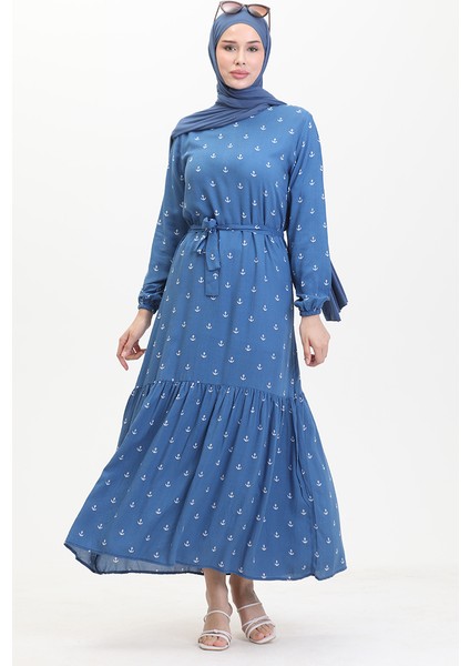 Çapa Desen Kuşaklı Elbise 0461-02 Indigo