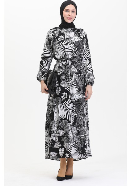 Desenli Kuşaklı Viskon Elbise 0485-03 Siyah Beyaz