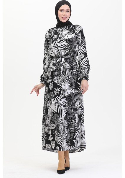 Desenli Kuşaklı Viskon Elbise 0485-03 Siyah Beyaz fiyatları