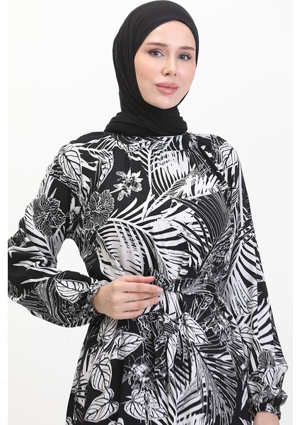 Desenli Kuşaklı Viskon Elbise 0485-03 Siyah Beyaz modelleri