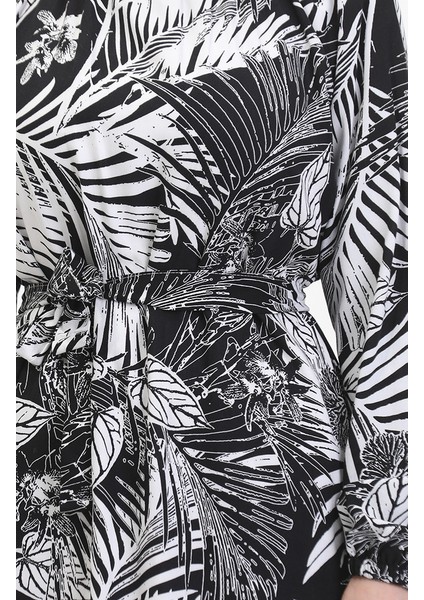 Desenli Kuşaklı Viskon Elbise 0485-03 Siyah Beyaz fırsatları