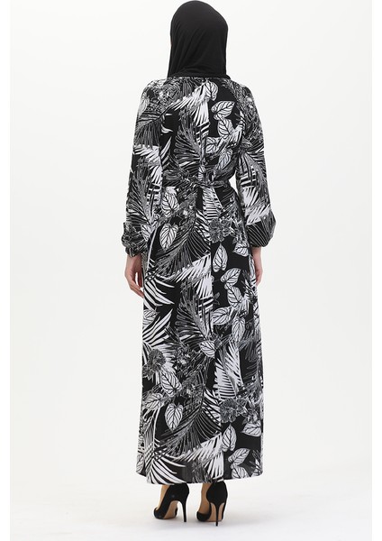 Desenli Kuşaklı Viskon Elbise 0485-03 Siyah Beyaz indirimleri