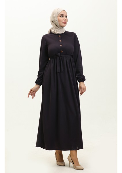 Kuşaklı Elbise 7979-10 Patlıcan Moru