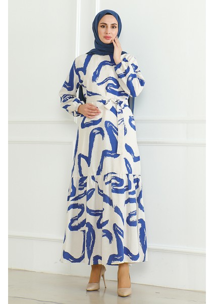 Desenli Kuşaklı Keten Elbise 0471A-03 Bej Lacivert fiyatları