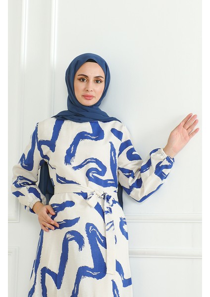 Desenli Kuşaklı Keten Elbise 0471A-03 Bej Lacivert modelleri