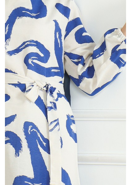 Desenli Kuşaklı Keten Elbise 0471A-03 Bej Lacivert fırsatları