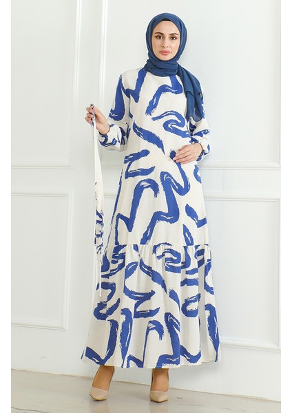 Desenli Kuşaklı Keten Elbise 0471A-03 Bej Lacivert indirimleri