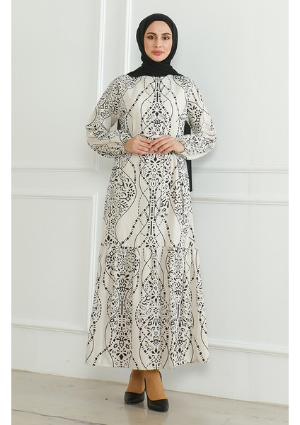 Desenli Kuşaklı Keten Elbise 0471E-04 Bej Siyah