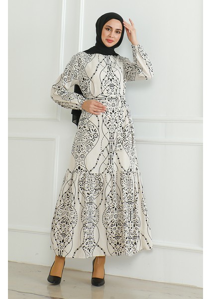 Desenli Kuşaklı Keten Elbise 0471E-04 Bej Siyah fiyatları