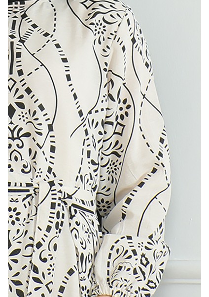 Desenli Kuşaklı Keten Elbise 0471E-04 Bej Siyah fırsatları