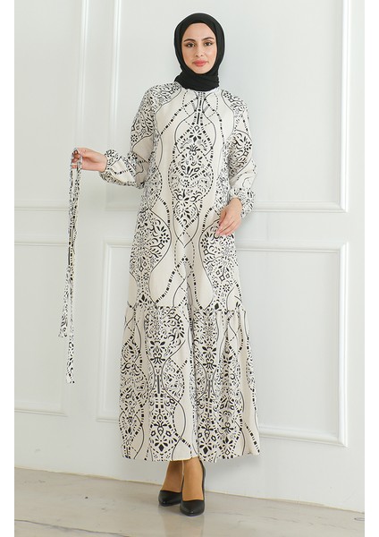 Desenli Kuşaklı Keten Elbise 0471E-04 Bej Siyah indirimleri