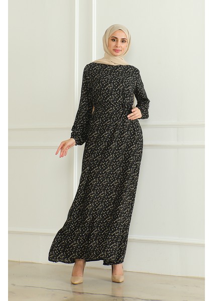 Desenli Kuşaklı Viskon Elbise 0508-04 Siyah