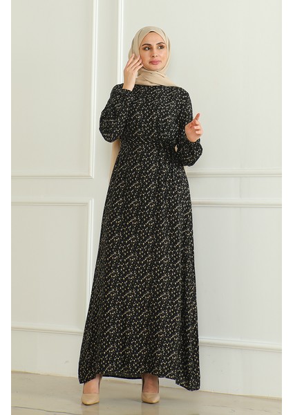 Desenli Kuşaklı Viskon Elbise 0508-04 Siyah fiyatları