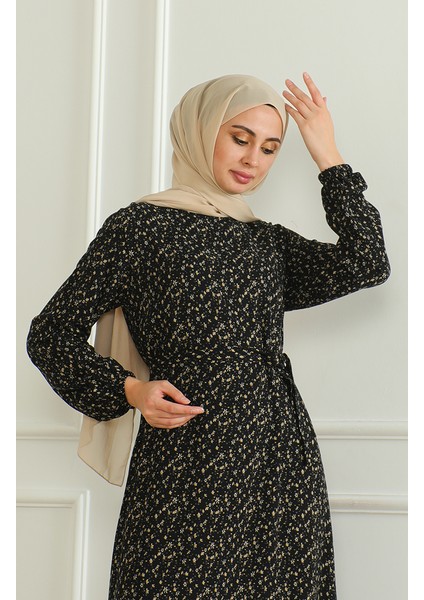 Desenli Kuşaklı Viskon Elbise 0508-04 Siyah modelleri