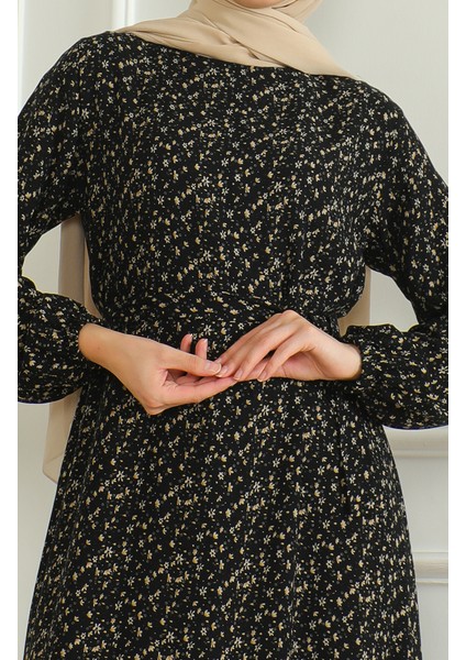 Desenli Kuşaklı Viskon Elbise 0508-04 Siyah fırsatları