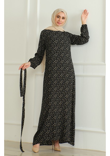 Desenli Kuşaklı Viskon Elbise 0508-04 Siyah indirimleri