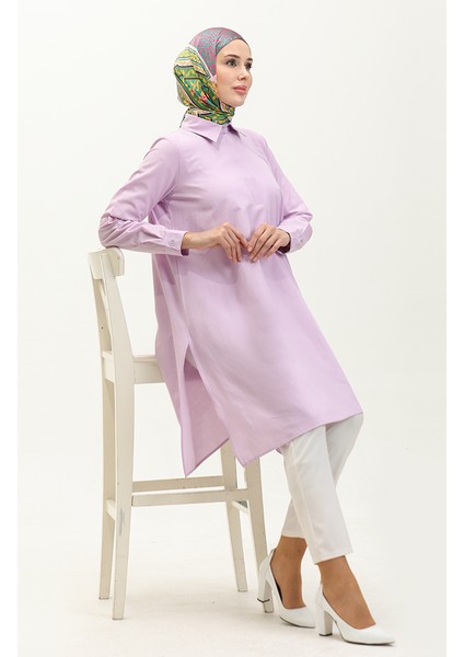 Gizli Düğmeli Yırtmaçlı Tunik 6478-18 Lila