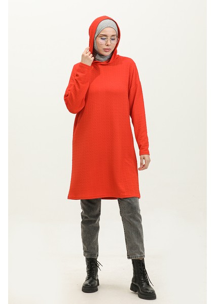 Kapüşonlu Mevsimlik Tunik 8677-01 Koyu Mercan