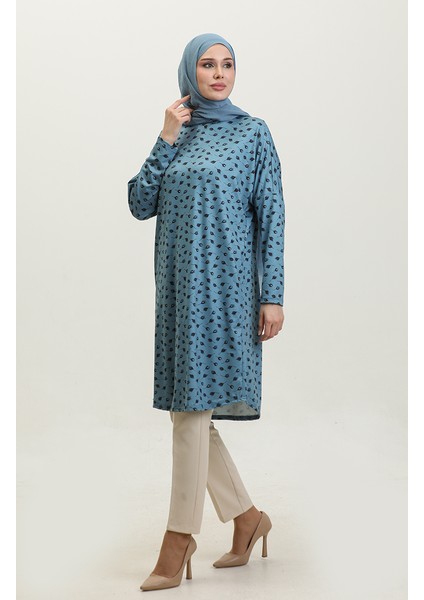 Rahat Kesim Desenli Tunik 8711-01 Petrol Mavisi