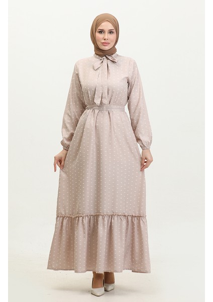 Pıtpıt Desenli Kuşaklı Elbise 0383-07 Bej
