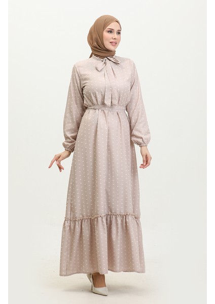 Pıtpıt Desenli Kuşaklı Elbise 0383-07 Bej fiyatları