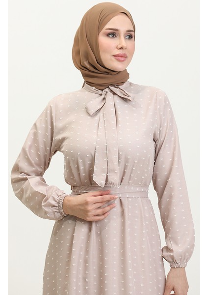 Pıtpıt Desenli Kuşaklı Elbise 0383-07 Bej modelleri